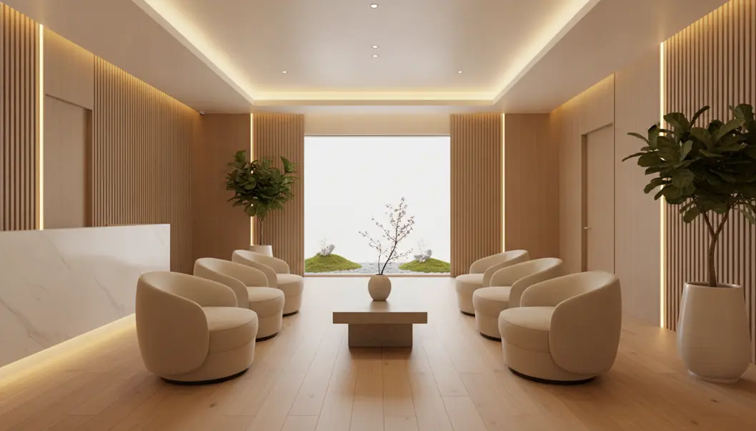 The welcoming and pristine waiting area of a modern skincare clinic in Seoul.