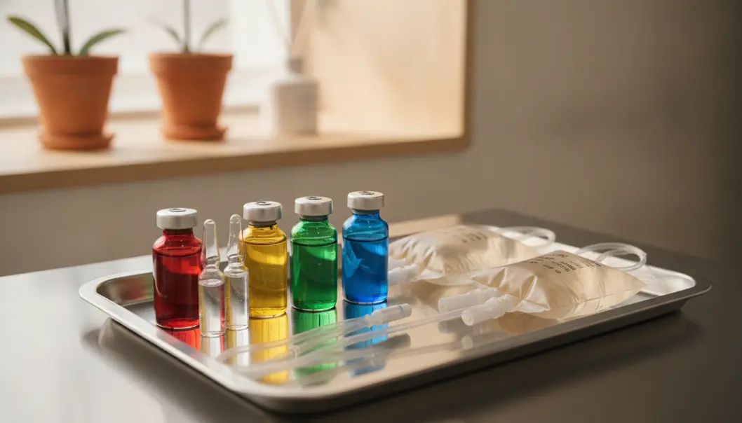 An array of popular K-beauty IV drip components ready for a revitalizing session.