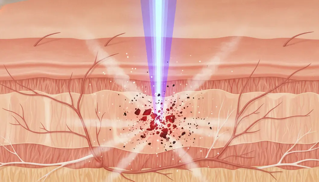 Q-Switched lasers use rapid, high-energy pulses to break down pigment particles without damaging surrounding skin tissue.