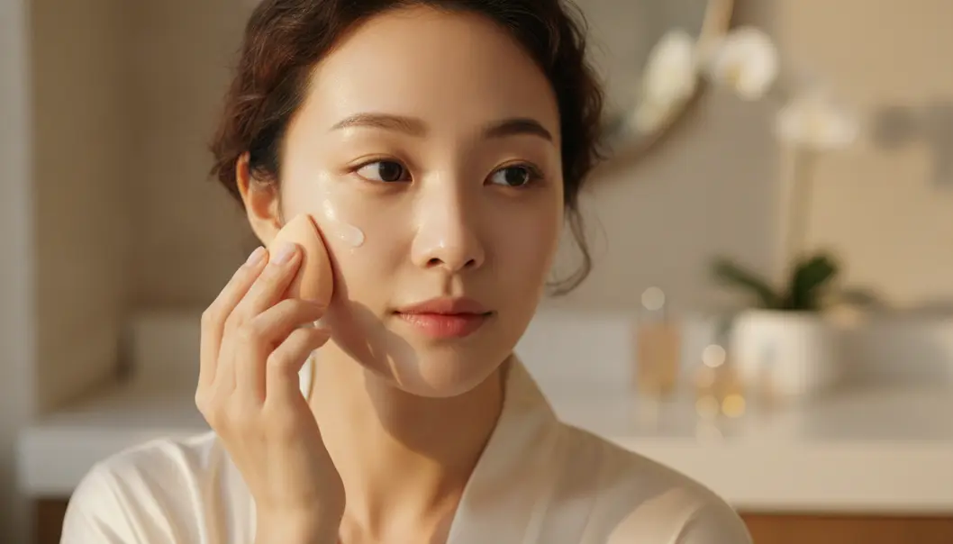 Applying BB cream with a damp sponge ensures a flawless, dewy finish.