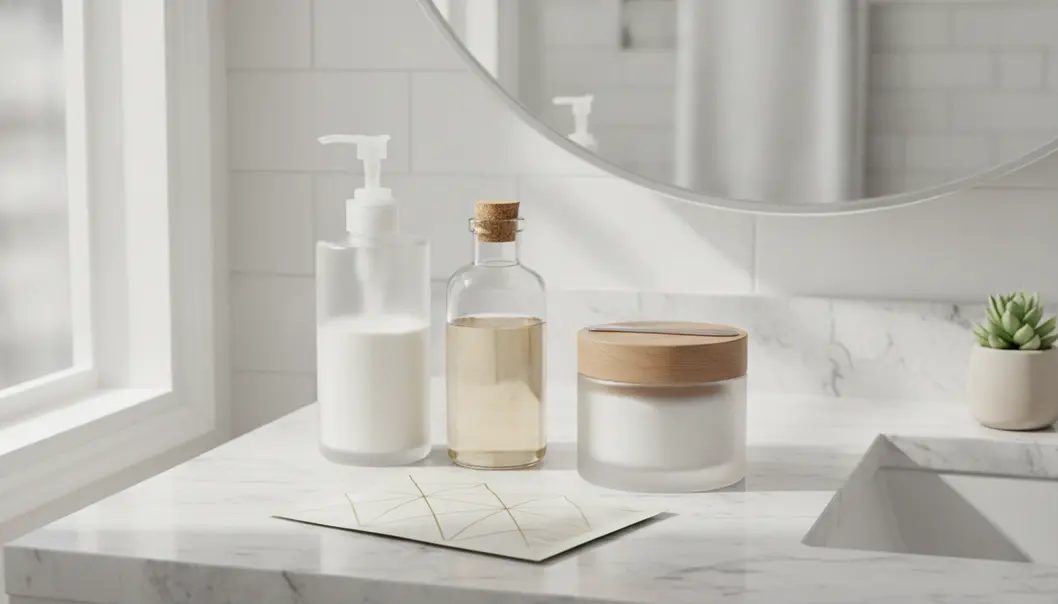 A perfectly organized skincare routine featuring a hydrating sheet mask.