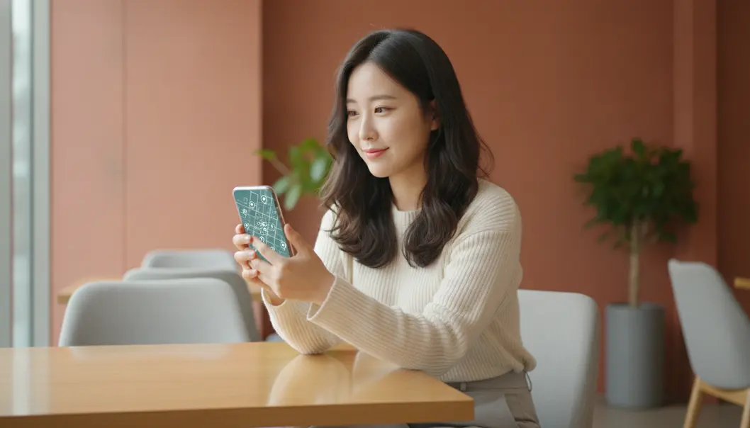 Researching the perfect Korean clinic using smartphone applications in a cozy Seoul cafe.