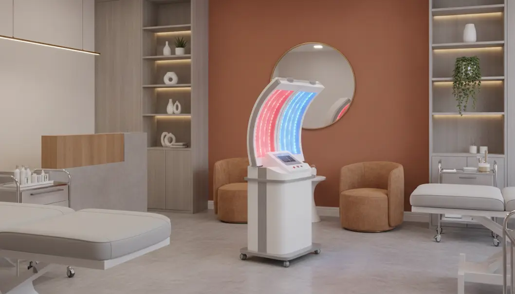 PDT utilizes specific wavelengths of light in a clinical setting to treat skin concerns.