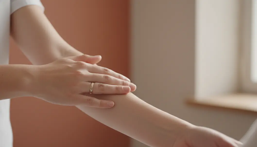 A medical professional examining a patient’s skin before a test.