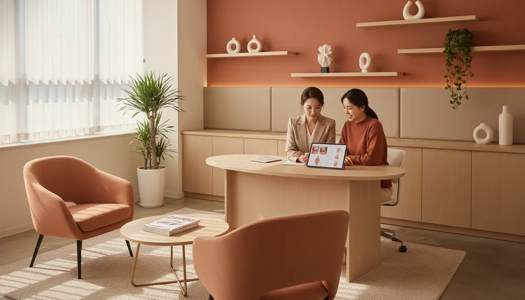 A consultation session at a modern plastic surgery clinic in Seoul.