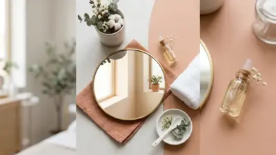 Elegant clinic setup featuring a mirror, vial, and soft towels on a terracotta background.
