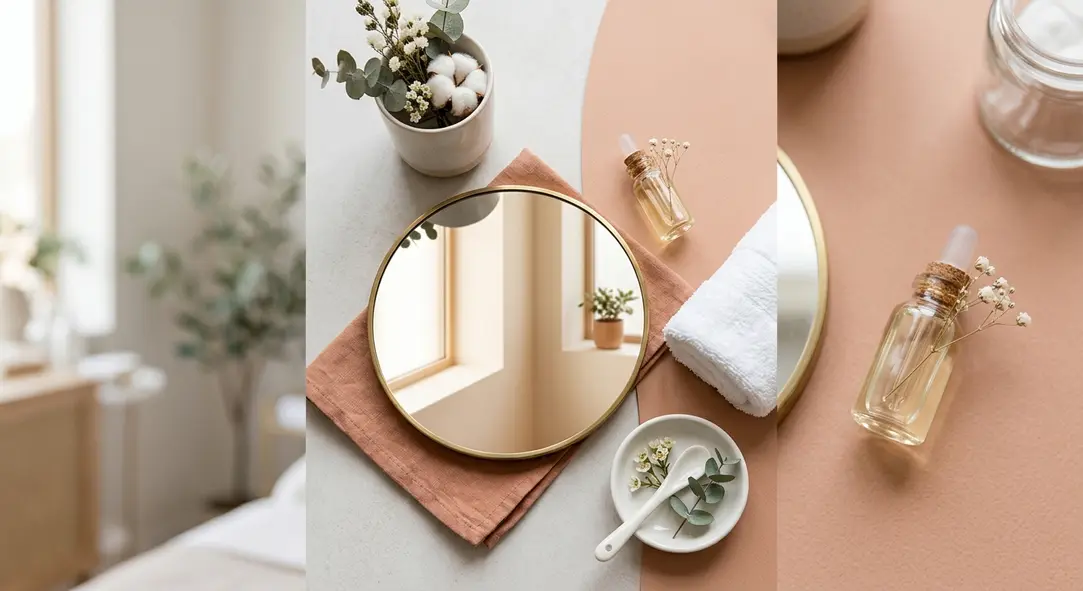 Elegant clinic setup featuring a mirror, vial, and soft towels on a terracotta background.