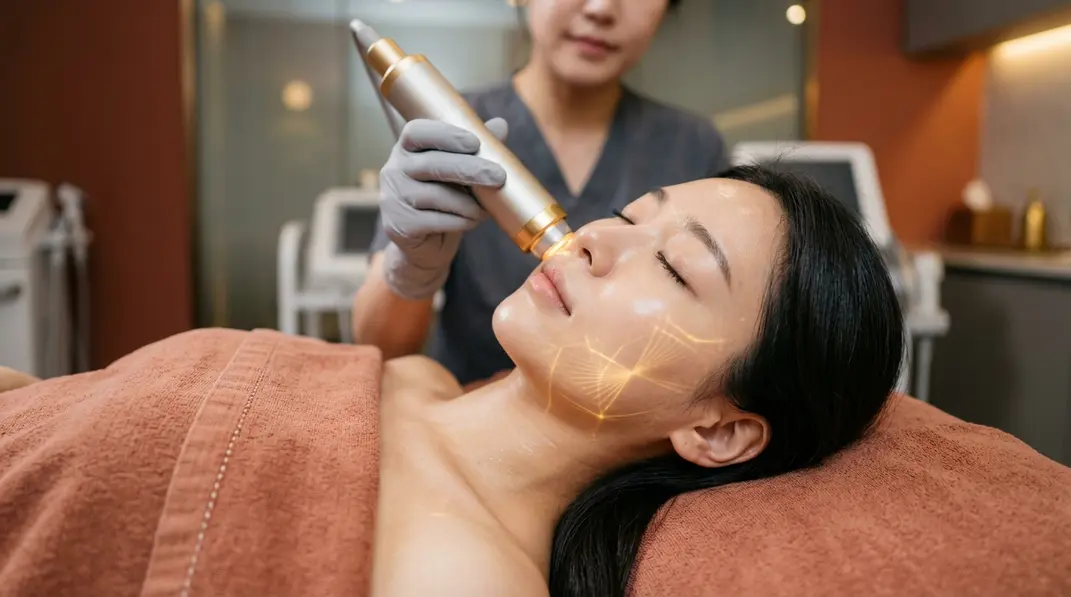 Illustration of clear skin glowing with gold undertones representing Gold PTT therapy