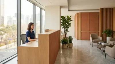An inviting and luxurious reception area of a top-tier Korean beauty clinic in Seoul.