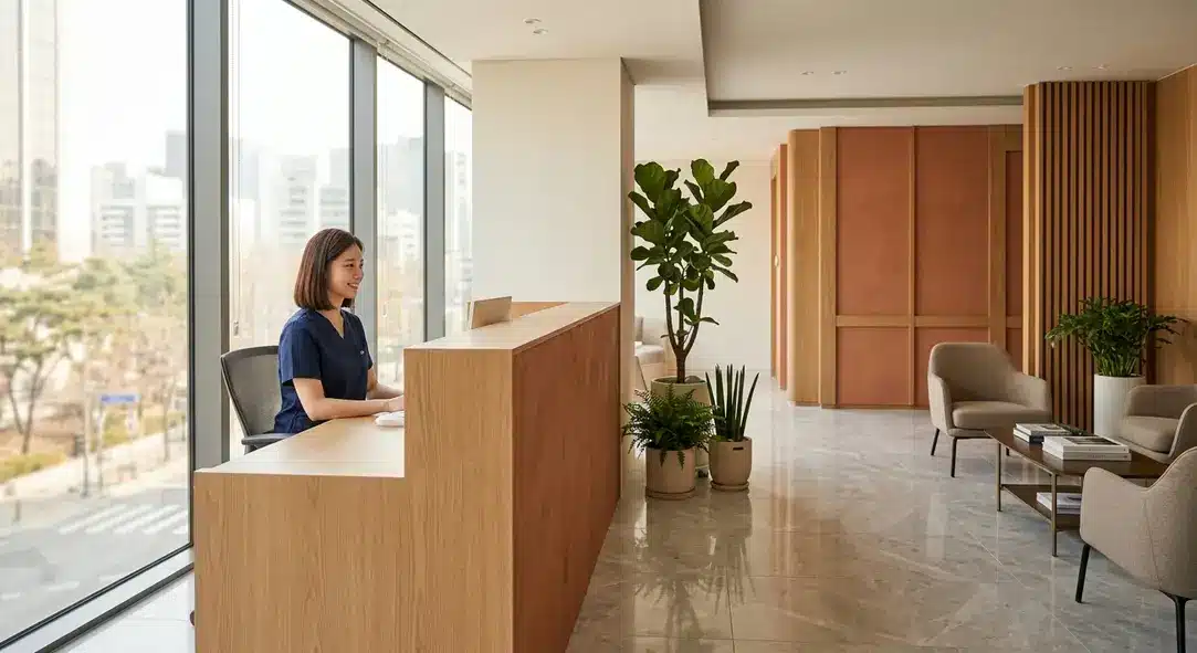 An inviting and luxurious reception area of a top-tier Korean beauty clinic in Seoul.