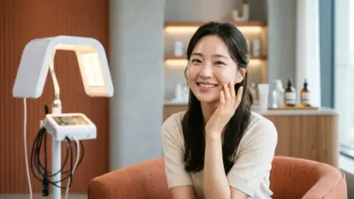 A radiant woman touching her flawless skin with a high-tech laser device in the background.