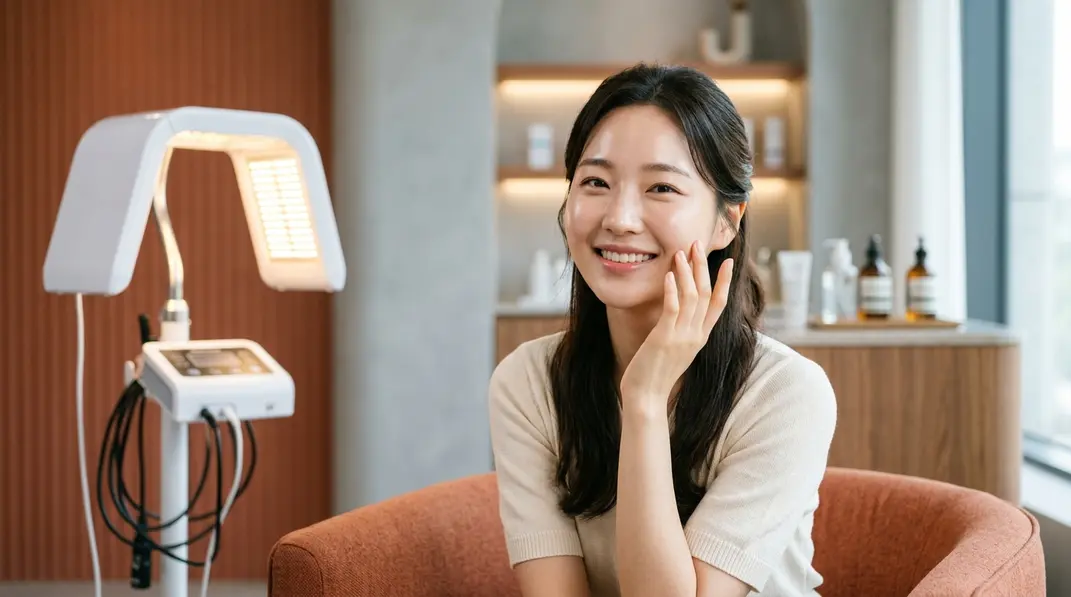 A radiant woman touching her flawless skin with a high-tech laser device in the background.