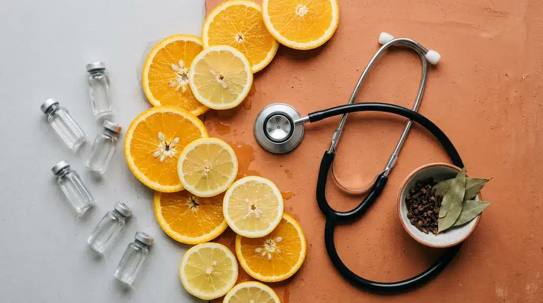 A beautifully arranged flat lay of a wellness concept, featuring fresh citrus fruits, a vial of vitamins, and a stethoscope.