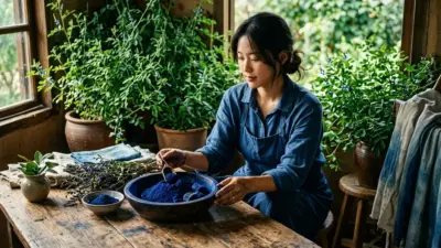 Rustic wooden bowls filled with deep blue indigo dye powder surrounded by green plants.