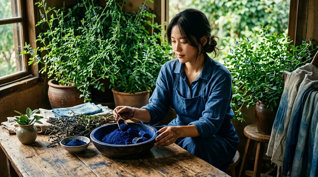 Rustic wooden bowls filled with deep blue indigo dye powder surrounded by green plants.