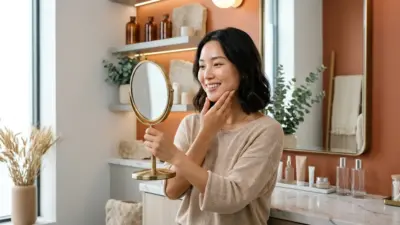 A glowing, confident woman smiling gracefully while looking into a hand mirror in a modern cosmetic clinic setting.