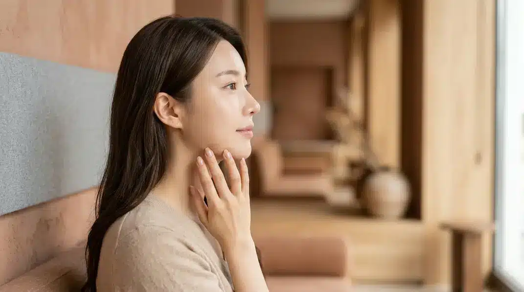 A side profile of a woman demonstrating a slim and relaxed jawline, representing the cosmetic and medical benefits of jaw Botox.