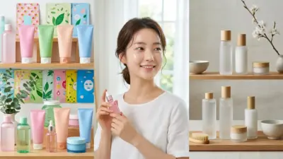 Side-by-side comparison of vibrant Korean skincare products and minimalist Japanese skincare products.