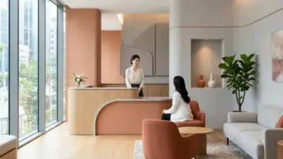 A serene, bright, and modern clinic reception in South Korea.