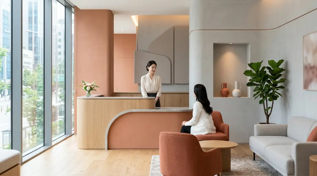 A serene, bright, and modern clinic reception in South Korea.