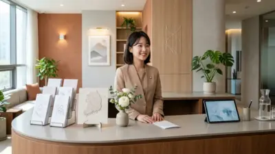 A warm and inviting concierge desk at a medical tourism agency in Seoul.