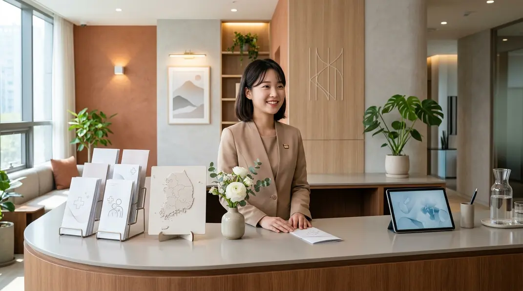 A warm and inviting concierge desk at a medical tourism agency in Seoul.