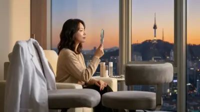 A beautiful view of the Seoul skyline mixed with medical aesthetic concepts representing South Korea plastic surgery.