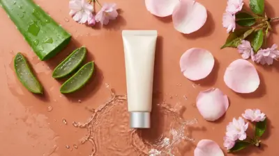 A sleek tube of Korean BB cream surrounded by hydrating skincare ingredients like aloe vera and hyaluronic acid
