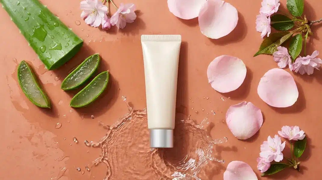 A sleek tube of Korean BB cream surrounded by hydrating skincare ingredients like aloe vera and hyaluronic acid