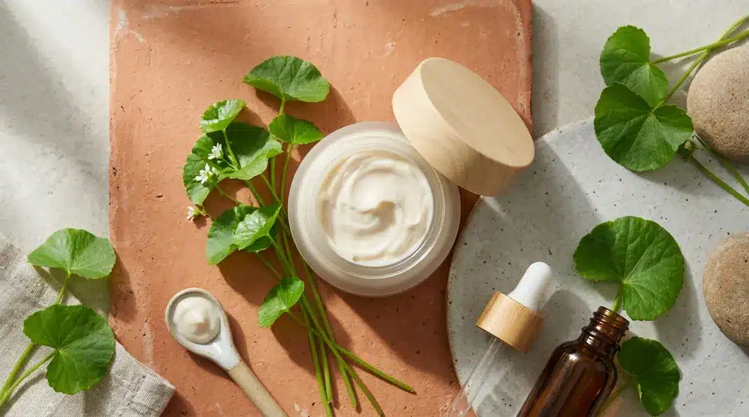 A jar of rich Korean centella cream surrounded by fresh tiger grass leaves on a warm terracotta background.