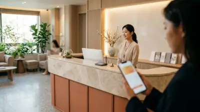 A luxurious reception area of a modern South Korean dermatology clinic.