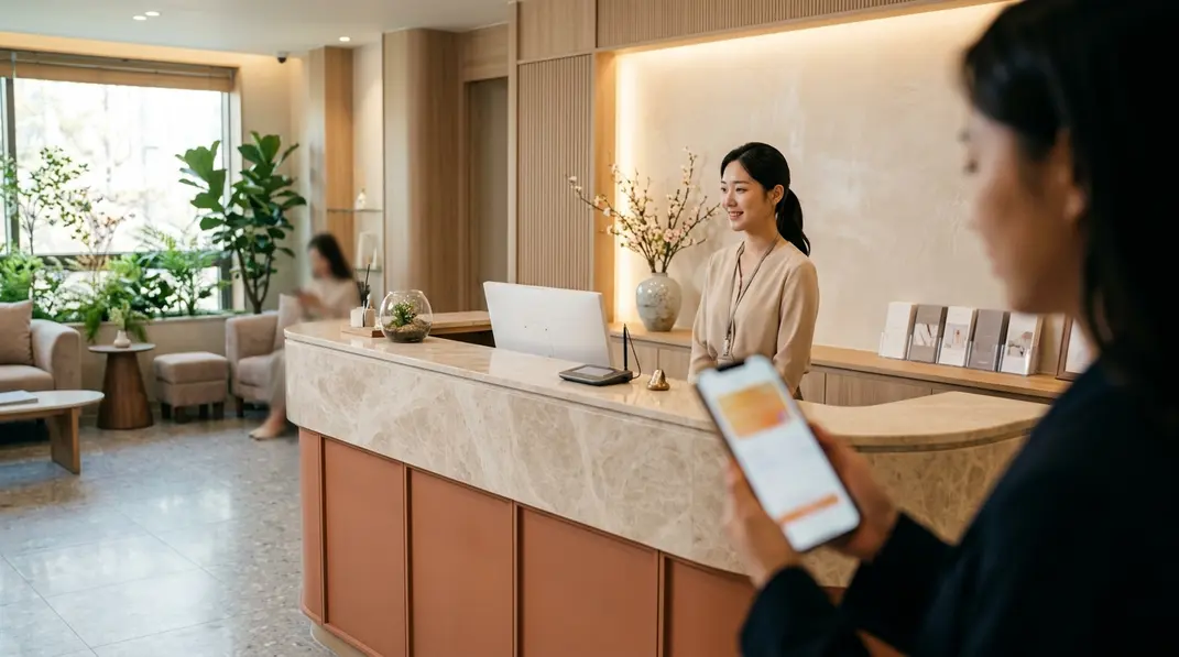 A luxurious reception area of a modern South Korean dermatology clinic.