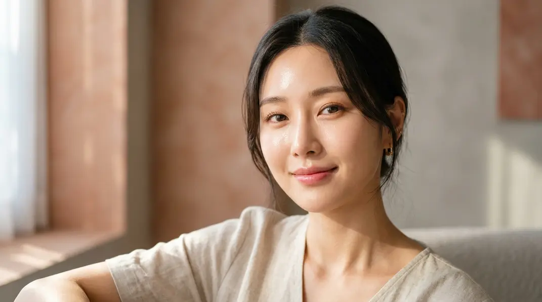 A beautiful Korean woman with glowing, dewy, and flawless glass skin