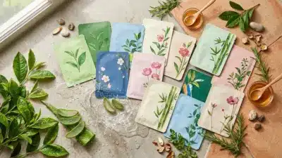 A flat lay of various beautiful Korean sheet masks and natural ingredients.