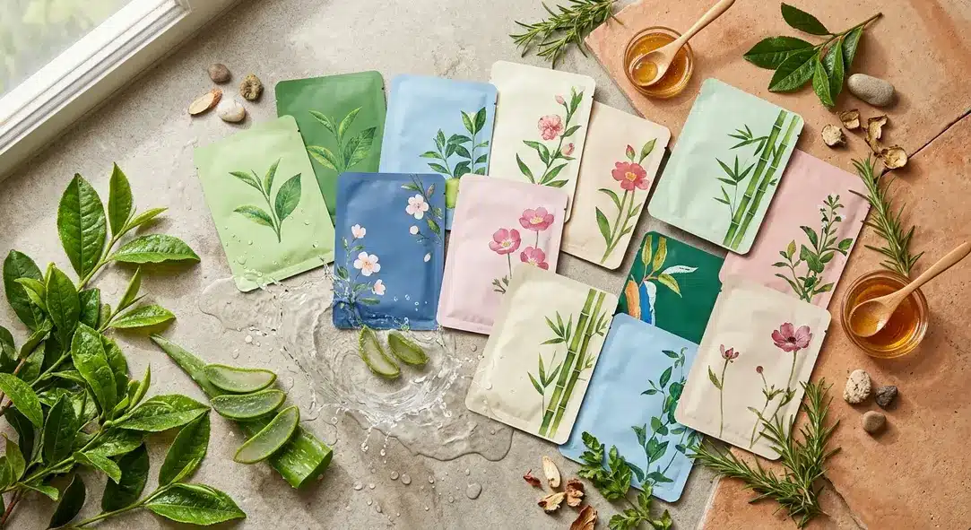 A flat lay of various beautiful Korean sheet masks and natural ingredients.