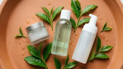 Korean skincare flatlay featuring a gel moisturizer, toner, and foaming cleanser on a terracotta background.