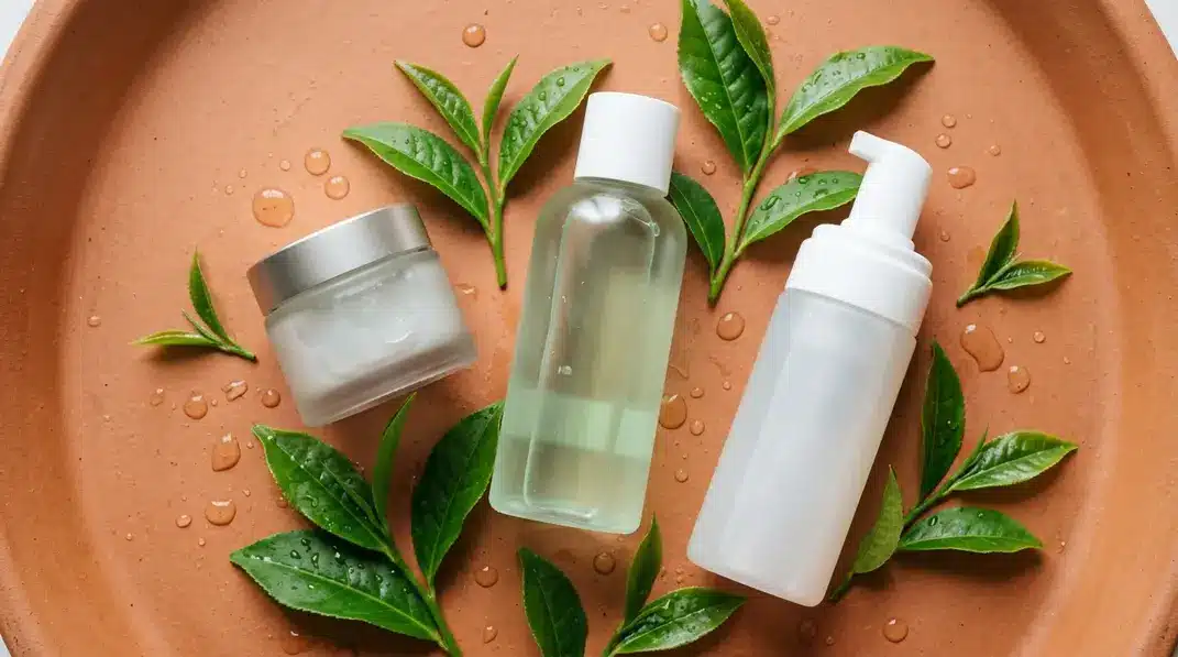 Korean skincare flatlay featuring a gel moisturizer, toner, and foaming cleanser on a terracotta background.