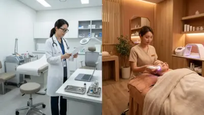 A split view comparing a clinical Western dermatologist office and a warm, spa-like Korean skincare clinic.