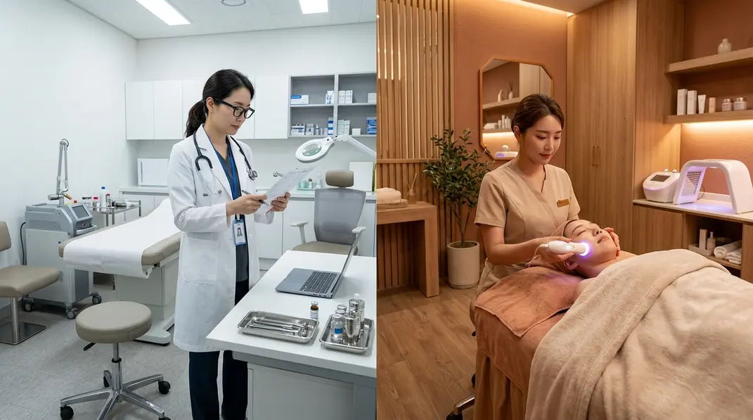A split view comparing a clinical Western dermatologist office and a warm, spa-like Korean skincare clinic.