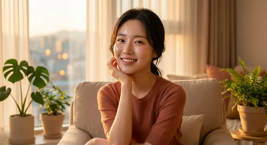 A hyper-realistic portrait of a woman with radiant, dewy glass skin bathed in warm terracotta lighting.