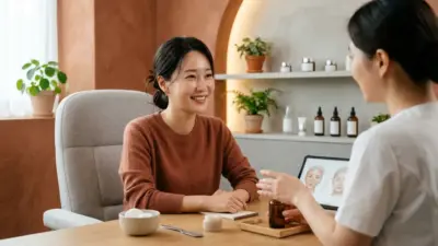 A portrait of a relaxed woman receiving a skincare consultation in a modern clinic.