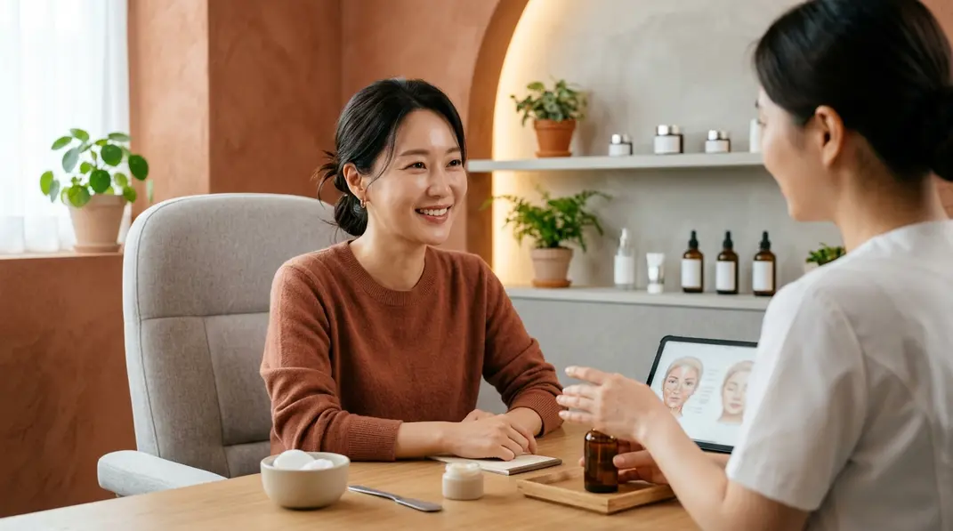 A portrait of a relaxed woman receiving a skincare consultation in a modern clinic.