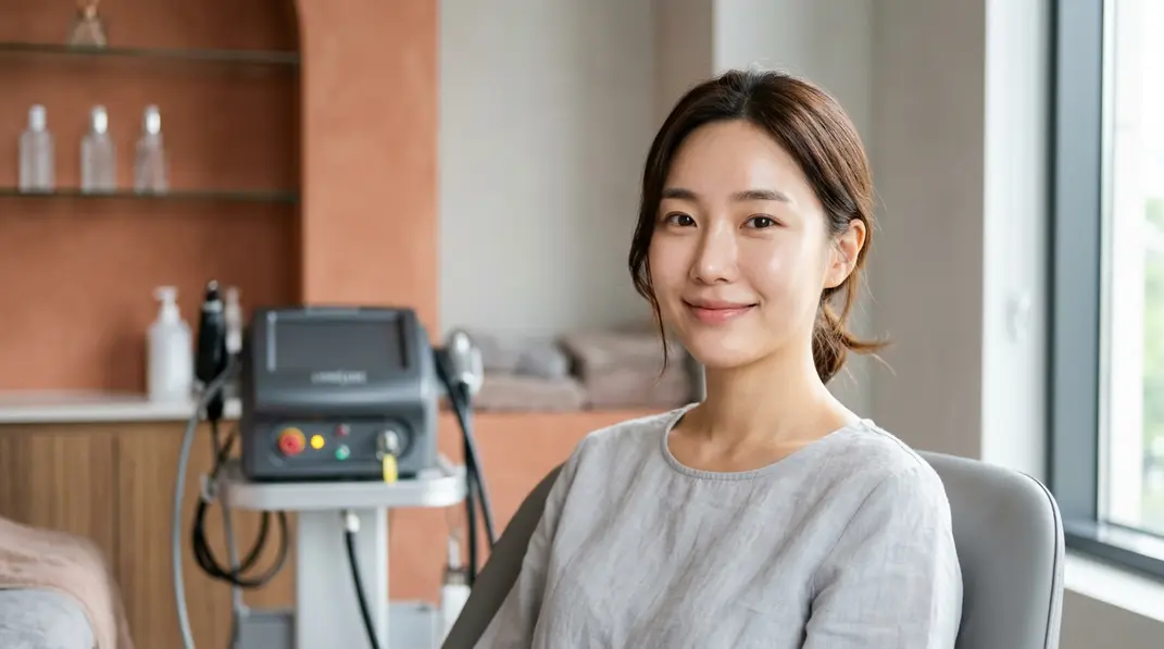 A close-up of a woman with flawless, glowing skin receiving a gentle light therapy treatment.