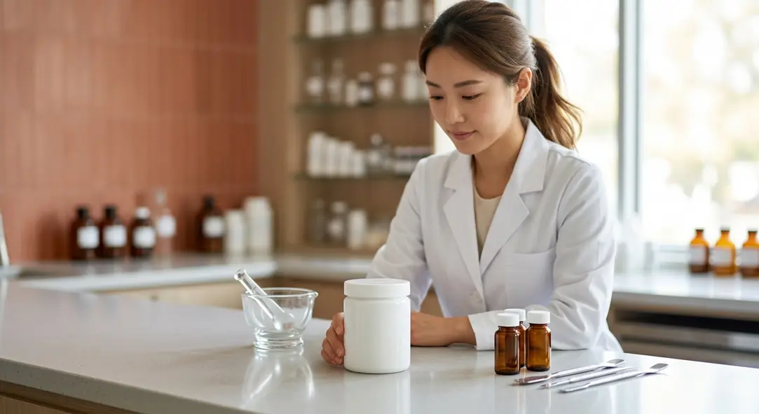 A clean, clinical presentation of a white compounding pharmacy jar.