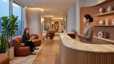 A realistic, high-quality photograph of a modern, luxurious aesthetic clinic reception area in Seoul.