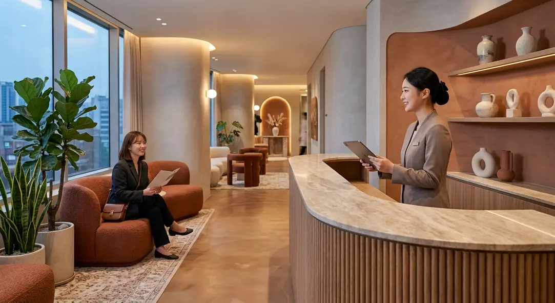 A realistic, high-quality photograph of a modern, luxurious aesthetic clinic reception area in Seoul.