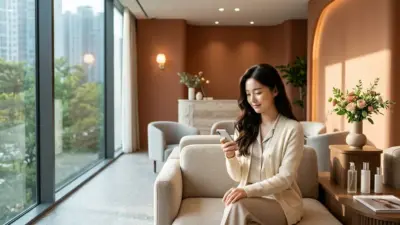 A modern and luxurious waiting area inside a premium dermatology clinic in Seoul, South Korea.