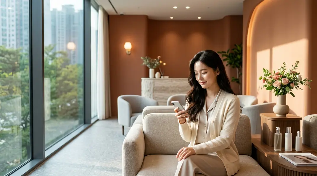 A modern and luxurious waiting area inside a premium dermatology clinic in Seoul, South Korea.