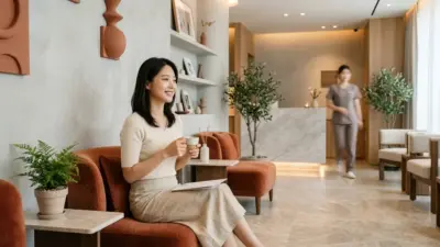 A luxurious and modern dermatology clinic lobby in Seoul, South Korea.