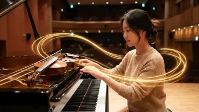 A piano keyboard and violin surrounded by flowing ribbons, representing legato.